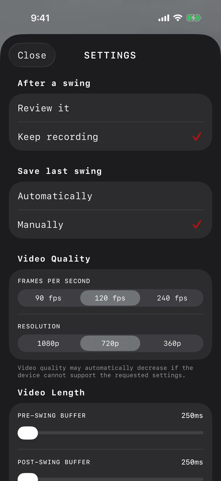 SwingReview capture settings screen
